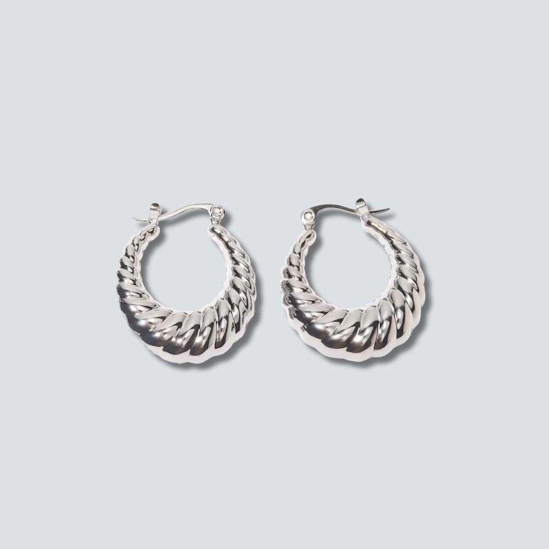 Pair of silver hoop earrings on a light gray background