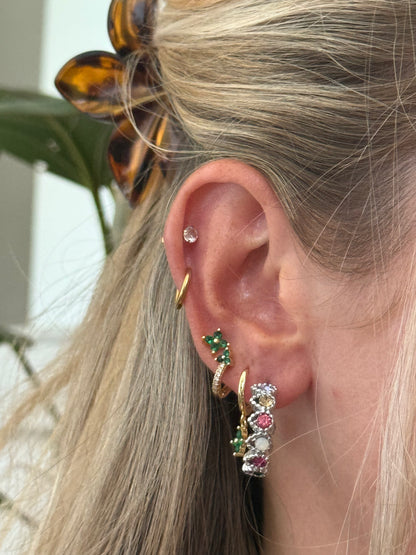 Close-up of an ear with multiple earrings and a hair clip.