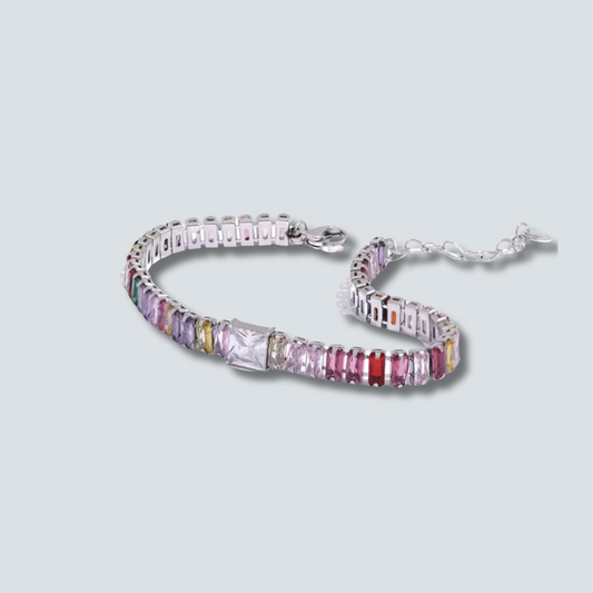 Multicolored gemstone bracelet on a light gray background