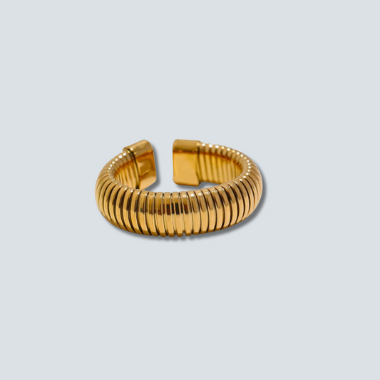 Gold ribbed RING on a light gray background